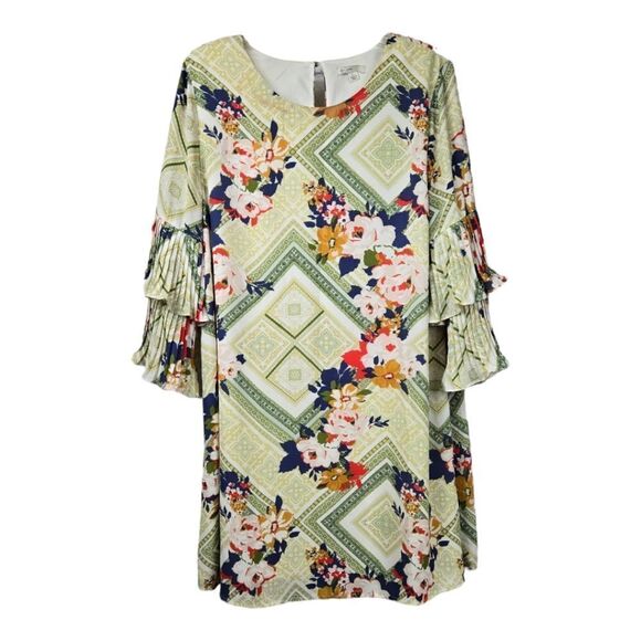 Cato Work Dress Pleated Bell Sleeve Shift Boho A-line Green Floral Tile Print - Picture 10 of 11